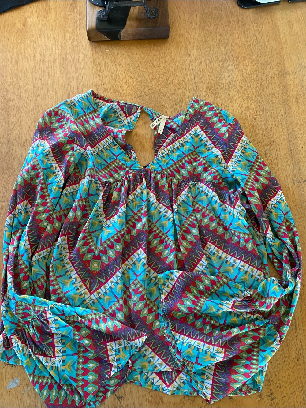 Roper Boho Geometric Print Peasant Top - Turquoise & Burgundy